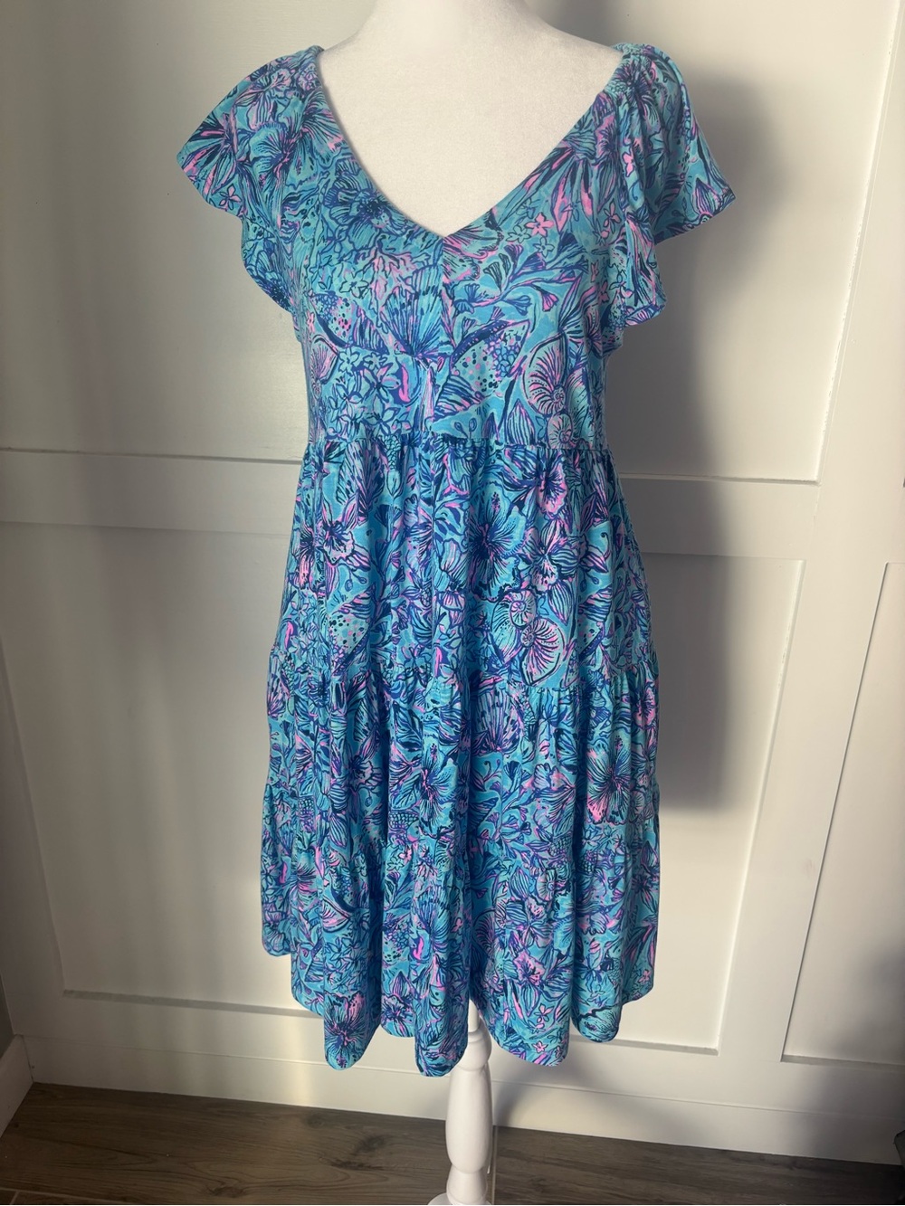Lilly Pulitzer Kawai Turquoise Floral V-Neck Tiered Dress size XS